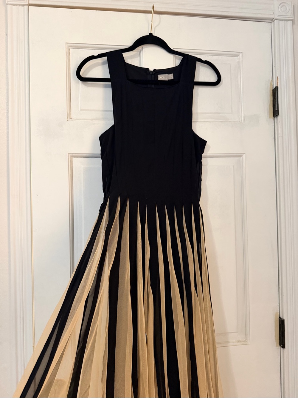 ASOS Black & Cream Pleated Fit-and-Flare Midi Dress - Picture 2 of 9